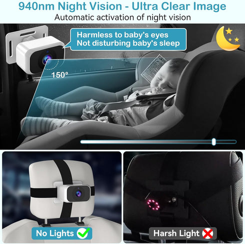 pemacom 2-Kids: 7 Inch 1080P Baby Car Camera for IPS Display with Dual Carseat Cameras, Split Screen, Night Vision, HD