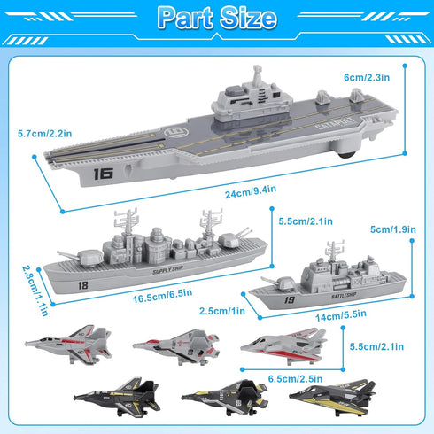 Set Model Military Naval Ship Aircraft Carrier Toy Play with Small Scale Model Planes, Battleship and Supply Ship