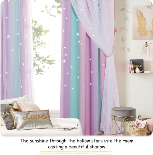 W52 L84) NICETOWN Baby Room Decor, White Gauze & Blackout Drapes Assembled, Star Cut Romantic and Colorful Curtains