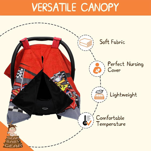 Dear Baby Gear Car Seat Canopy, Premium Infant Car Seat Cover, Race Car Print/Black Smooth, 40" x 30"