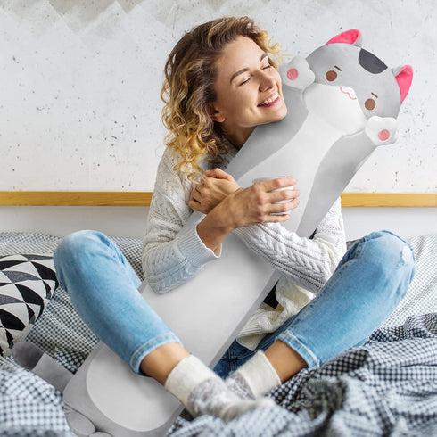 Long Cat Plush Kids Body Pillow, 28 Inch Gray Cat Stuffed Animals, Kawaii Plush Throw Pillow Gift for Girlfriend