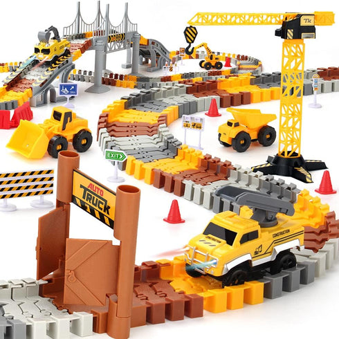 Construction Race Tracks Set, Flexible Train Tracks w/ 2 Electric Construction Race