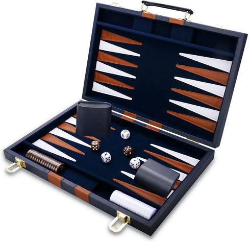 Backgammon Set - Classic Board Game with Premium Leather Case - Portable Travel Game Set for Adults, Kids