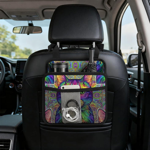 PPIKTC Spacious Hanging Auto Seat Organizer with Ventilated Mesh Pockets for Wet Wipes and Baby Supplies, Colorful Cat
