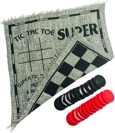 3 in 1 Giant Checkers Set and Tic Tac Toe Game with Reversible Rug - Indoor and Outdoor Board Game for Family, Great for Camping, Backyard, Lawn Game and other Activities