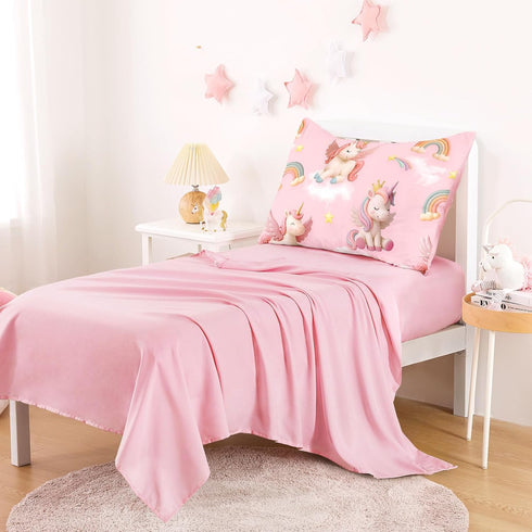 Set 3D 4 Set Wake In Cloud - Toddler Bedding for Girls, Unicorns Rainbow Clouds, Pieces Soft Crib Bed Including