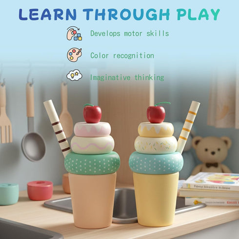 1-3, Playset Wooden Ice Cream Toys for Kids, Pretend Play Food Toy for Toddlers Kitchen Accessories Lolly Shop Games