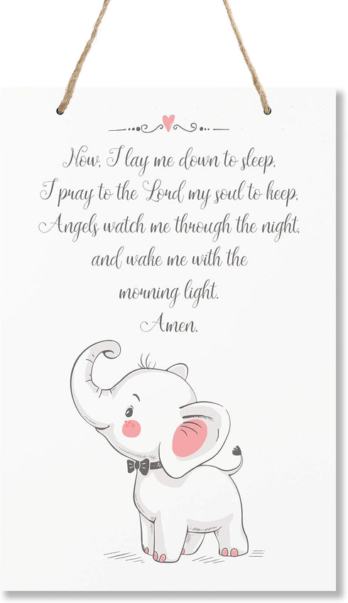 LifeSong Milestones Elephant Wall Decor Signs for Kids, Nursery Baby’s Room, 8” x 12” (Now I Lay me Down to Sleep Pink)