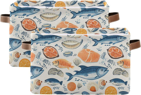 CWUPZAY 1 Pack Salmon Tuna Storage Basket Canvas Fabric Collapsible Storage Bins Box Organizer Waterproof for Home