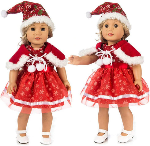 TianBo 3pc Christmas Doll Clothes, 18 Inch Red Color Including Snowflake Hat Shawl Dresses for Girl Dolls