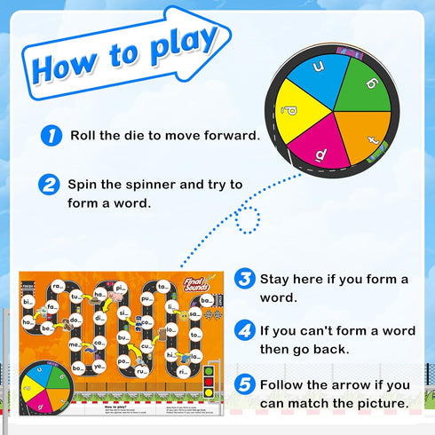Educational Phonics Board Games for Kids, CVC and CVCC Reading and Spelling Games for Ages 4-6, Family Fun