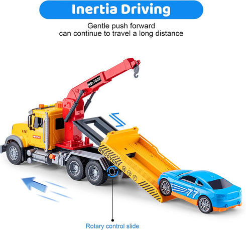 haomsj Big Tow Trucks Toy with Hook and Car for Boys, Pull Back Truck Toys with Light and Sound (1:18 Plastic)