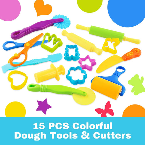 15pcs Dough Tools Dough Tools Play for Kids Clay Accessories with Rolling Pins,Cutters,Roller,Safety Scissors,Plastic
