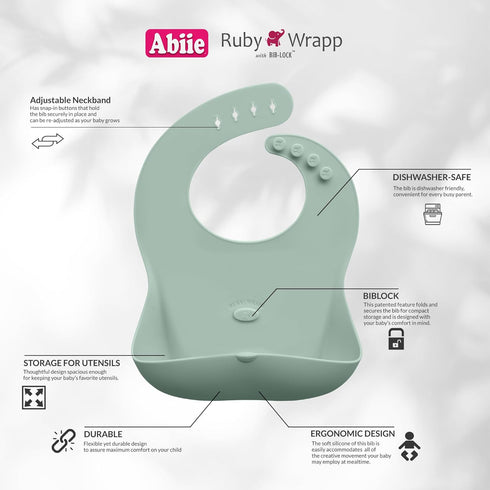 Waterproof Silicone Bibs for Babies - Abiie Ruby Wrapp with Front Pocket - Stain Resistant Toddler Feeding Accessory