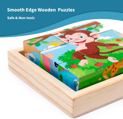 Wooden Animals Block Puzzles for Kids Ages 2-4 with Book, Educational Interactive Toys Gift for Boys and Girls