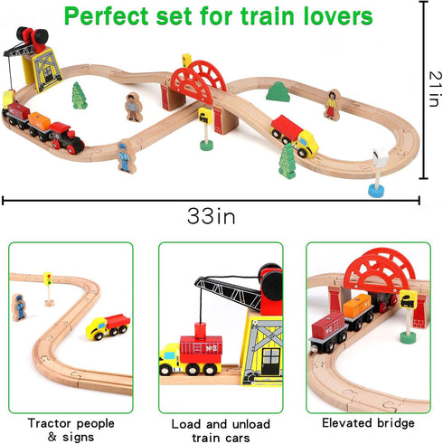 Set 39 5 3,4,5 Set Qilay Wooden Train for Toddler - Pcs Wood Train Tracks with Crane, Bridge & Wooden Trains - Train