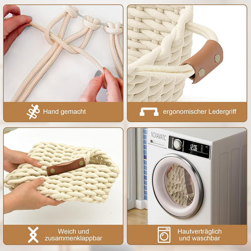 L13'' W8.7'' H5.9'') XXL Cotton Rope Storage Basket with Leather Handles, Woven Nursery Organizer for Diapers, Wipes