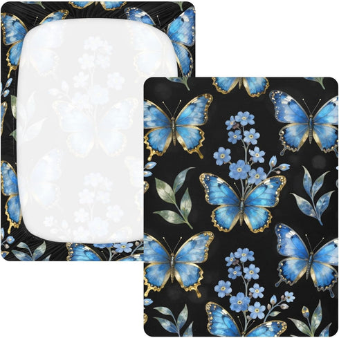 CZXW 52" 28" Blue Butterflies Floral Forget-me-not Crib Sheets Fitted x Natural Cotton Soft & Breathable for Baby Crib
