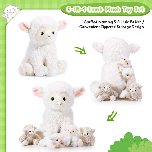 Lenwen 5 Pcs Lamb Stuffed Animal Set, 14 Inch Mommy Lamb Plush with 4 Cute Babies for Nursery Decor