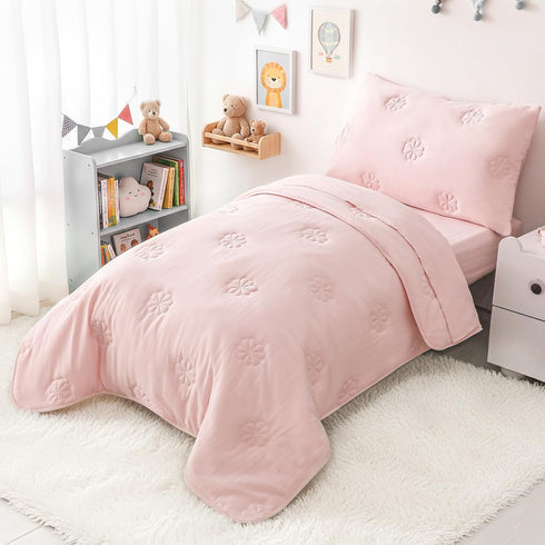 Sets 4 Pink Toddler Bedding for Girls, Pieces Soft Microfiber Floral Embroidery Toddler Bed-in-a-Bag Includes Soft