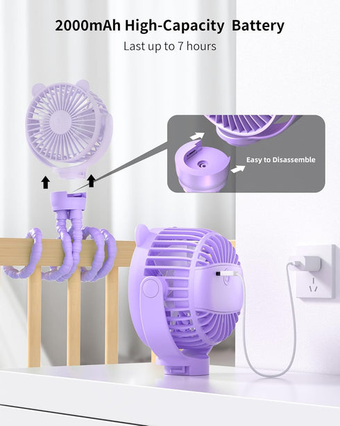 Baby Stroller Fan, Rechargeable Portable Fan with 2000 mAh Battery, 3 Wind Speeds, 360-Degree Rotation, Safe Mini Fan