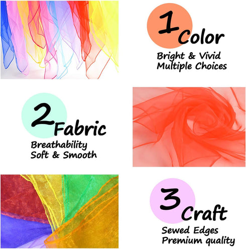 12 Hemmed 6 Colors(24" 24") Novelty Place Pcs Dance and Juggling Scarves - Silk Square Scarf with Edges - Easy Clean