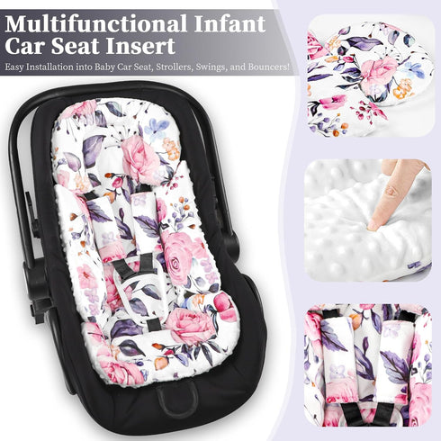 3 3 1 3D Pea Pod Infant Car Seat Insert with Strap Covers, in Reversible Floral Baby Car Seat Head Support for Newborn