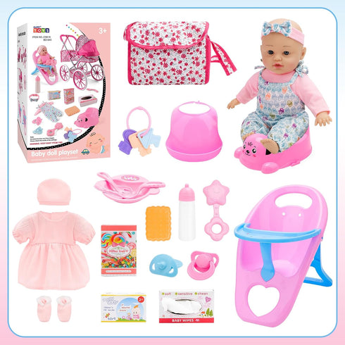 Set Playset 12" Stroller,2 Sets 3-7 deAO Baby Doll Stroller Baby Doll Accessories Pretend Play Toys with Baby