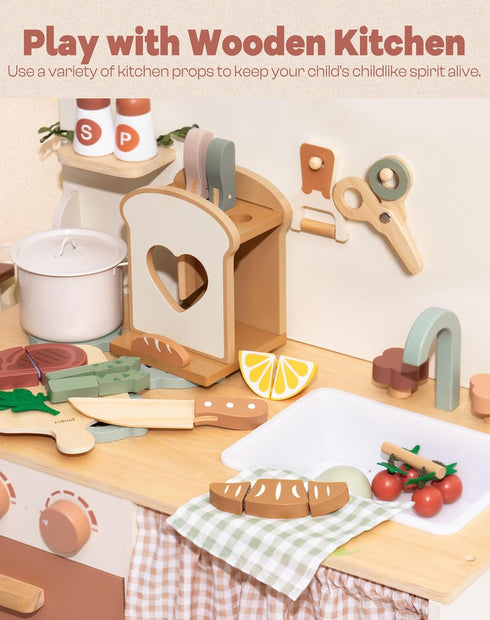 16pcs Set Playset, ROBUD Kids Play Kitchen Knife - Wooden Cooking Montessori-Inspired Pretend Kitchen Toys