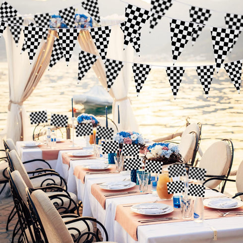 98ft Checkered Black & White Pennant Banner, Racing Flags with 20Pcs 11.8 Inch Plastic Sticks