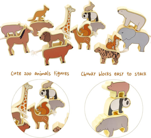 Xylolin Wooden Zoo Animal Blocks Stacking and Balancing Toy, Toddler Wood Animal Figures Blocks Imaginative Play