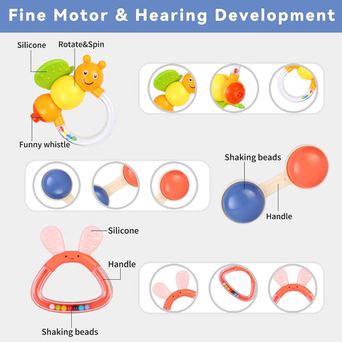 MOONTOY Baby Rattles Teether Set, 9PCS Sensory Toys for 0-12 Month Old Baby Boy Girl, Early Development Gifts