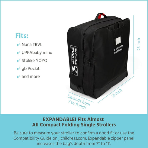 J.L. Childress Compact Travel Stroller Bag for Airplane - Fits Most Compact-Fold Single Baby Strollers, Compatible