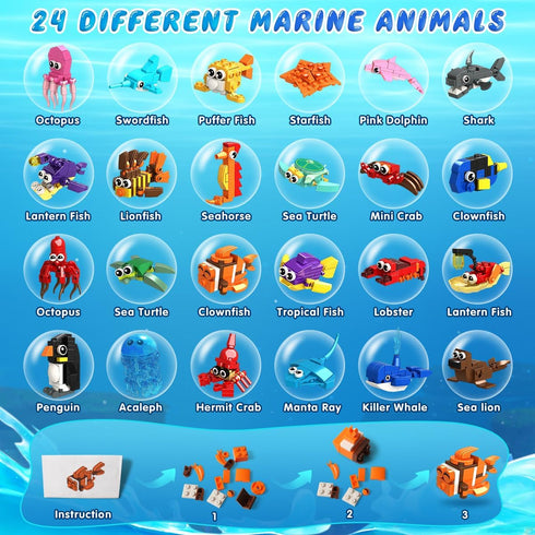 HOGOKIDS 24 Pack Party Favors for Kids Building Set, 629PCS Marine Animals Building Blocks Toy for Goodie Bag Stuffers