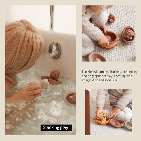 18M+Baby Set 12 Nueplay Bathtub Toys for Toddlers Bath Toys with Animal Finger Puppets Stackable Boat Train Gift