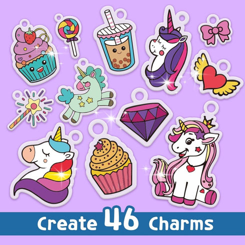 Yrinfay 89PC 46 12 DIY Unicorn Shrinking Plastic Art Kit - Pre-Cut Shapes, Markers & Accessories - Make Charms