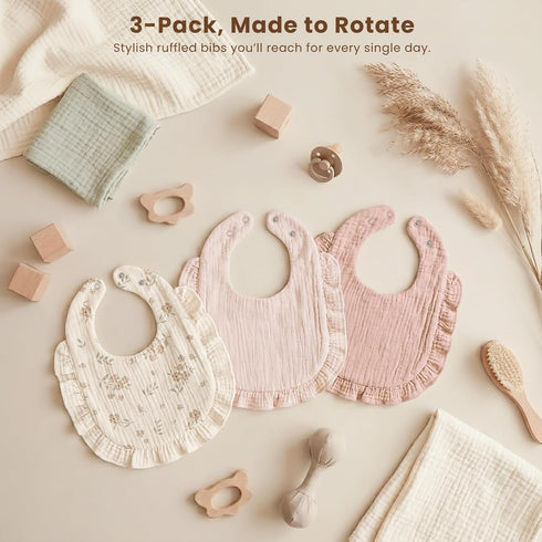 100% 0-36 3-Pack Konssy Muslin Baby Bibs for Girls Soft Cotton Drool Bibs, Ruffle Trim for Newborns & Toddlers Months