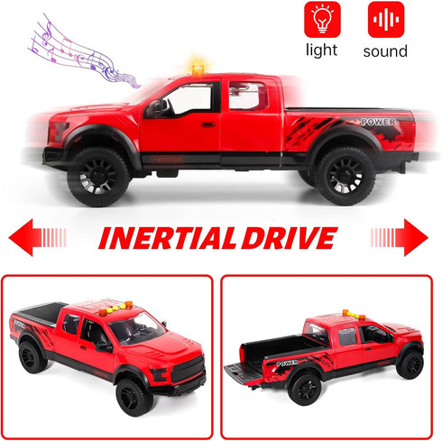 3+ Red Pickup Truck Toy with Lights and Sound Effects, Featuring Doors That Open, Toy Cars Gifts for Year Old Kids.