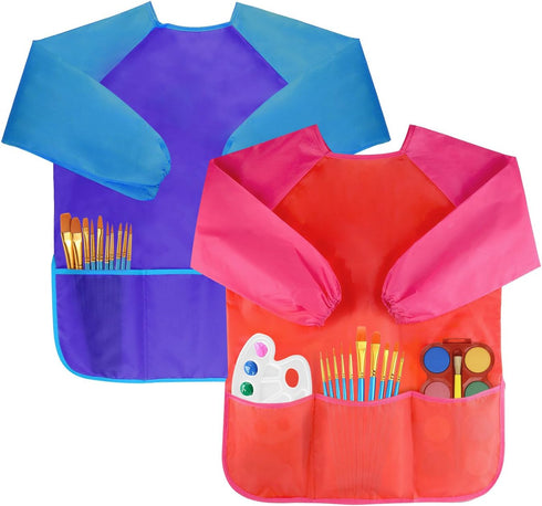 Bassion Kids Art Smocks, Toddler Smock Waterproof Artist Painting Aprons, Long Sleeve with 3 Pockets, Age 2-6 Years