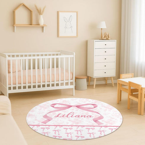 Naseagleeye Personalized Baby Rug with Name Custom Pink Bow Round Nursery Rug, Soft Baby Crawling Play Mat for Girls