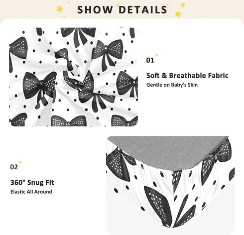 CZXW 52" 28" Black Bows Crib Sheets Fitted x Natural Cotton Soft & Breathable for Baby Crib Mattress