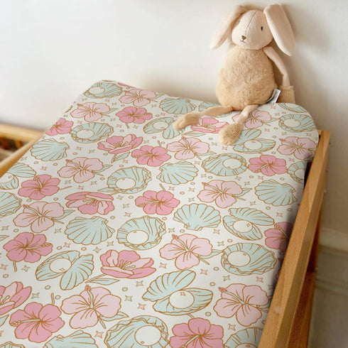 Summer 32''16'' Boho Mermaids Floral Changing Pad Covers for Baby Girls Boys Beach Seashells Conch Tropical Flowers