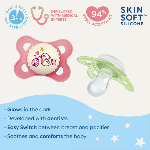 MAM 9 oz. 4 Pack 0-6M 4-Pack Easy Start Matte Deco Girl with Bonus Nipple + Original + Night Girl Pacifiers