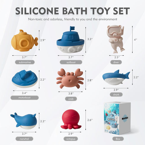 8Pcs Set MarcZero Ocean Silicone Bath Toys for Toddlers Kids Babies,Bathtub Water Toys,Soft Squeezable Easy-Grip Pool