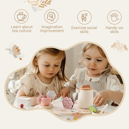 Ikubigu Set Set 15PCS Set Set Tea Party for Kids - Wooden Tea for Little Girls Silicone Toddler Tea Kitchen Accessories
