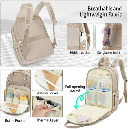 Bevkois Backpack, Diaper Bag Lightweight Baby Diaper Bag for Moms with Insulated Pocket, Stroller Straps & Wet Dry