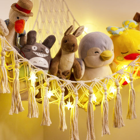 Stuffed Animal Toy Storage Hammock with LED Light, Macrame Jumbo Doll Corner Organizer for Kids Baby Nursery Decor