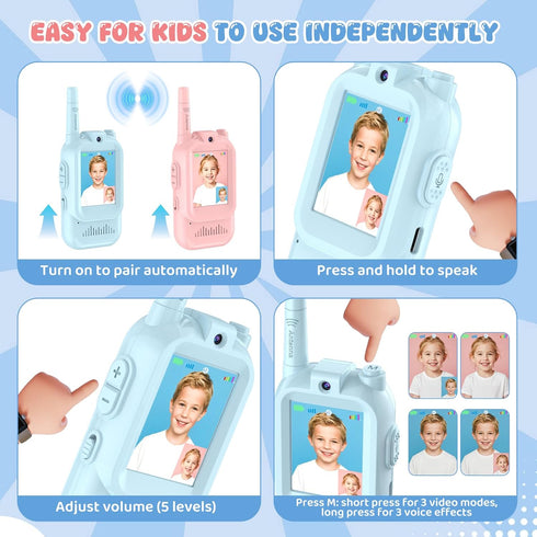 Alotwan 2 Pack 3-12 Video Walkie Talkie for Kids - Rechargeable Kids Walkie Talkies Long Range Radios, Video Intercom