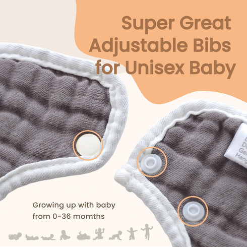 6 Pack MUKIN Soft Cotton Muslin Baby Bibs | Adjustable Snap Closure for Newborns| Absorbent for Drooling, Teething