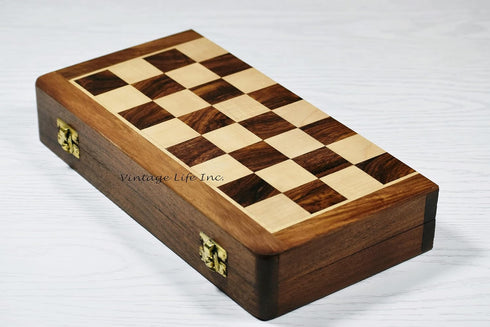 Wooden Magnetic Chess Board Set, 7" Folding Game for Adults & Kids, Portable Travel Chess